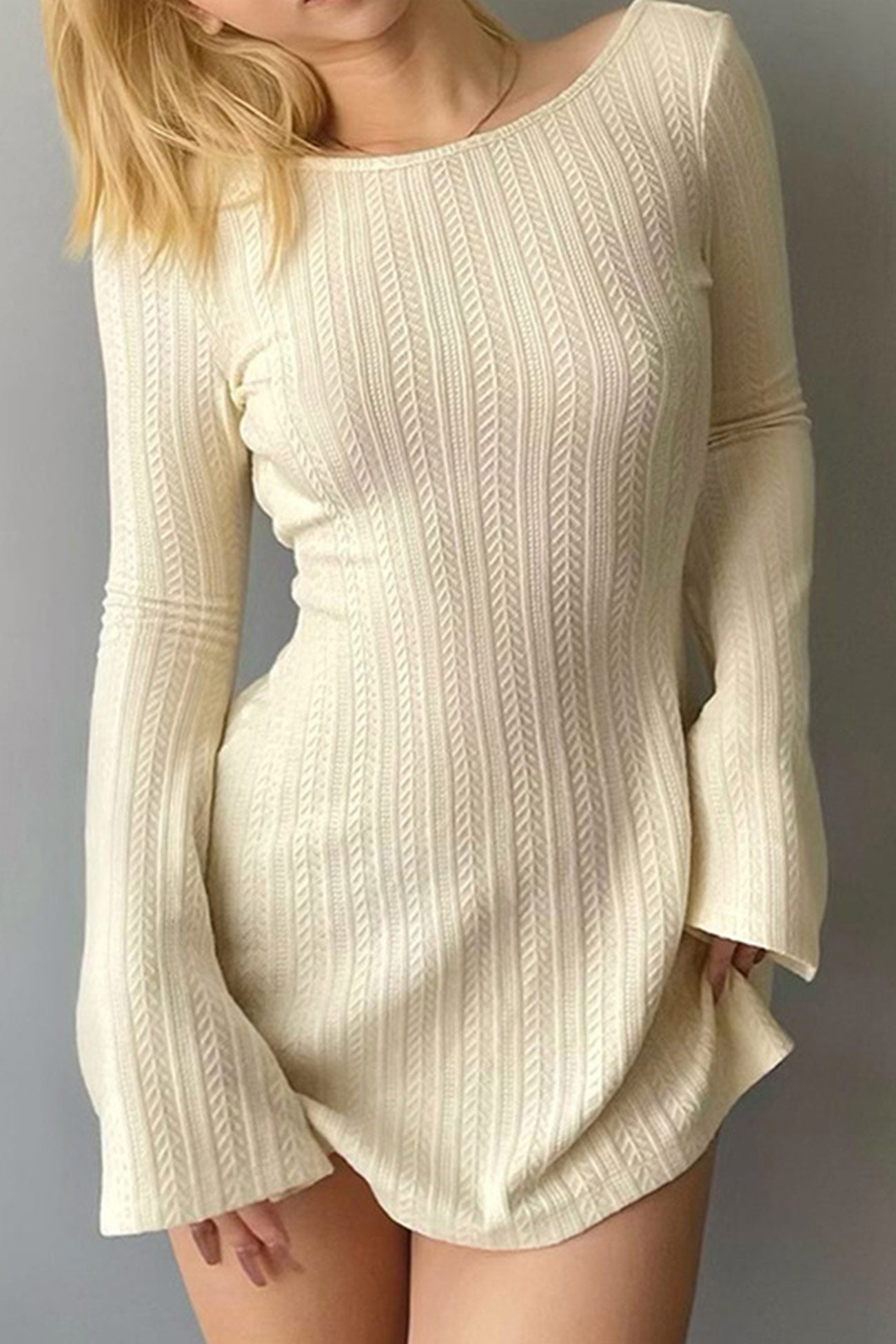 Women’s Sweater Dress - Cable Knit - Mini Length - Flared Sleeve - Fitted Silhouette