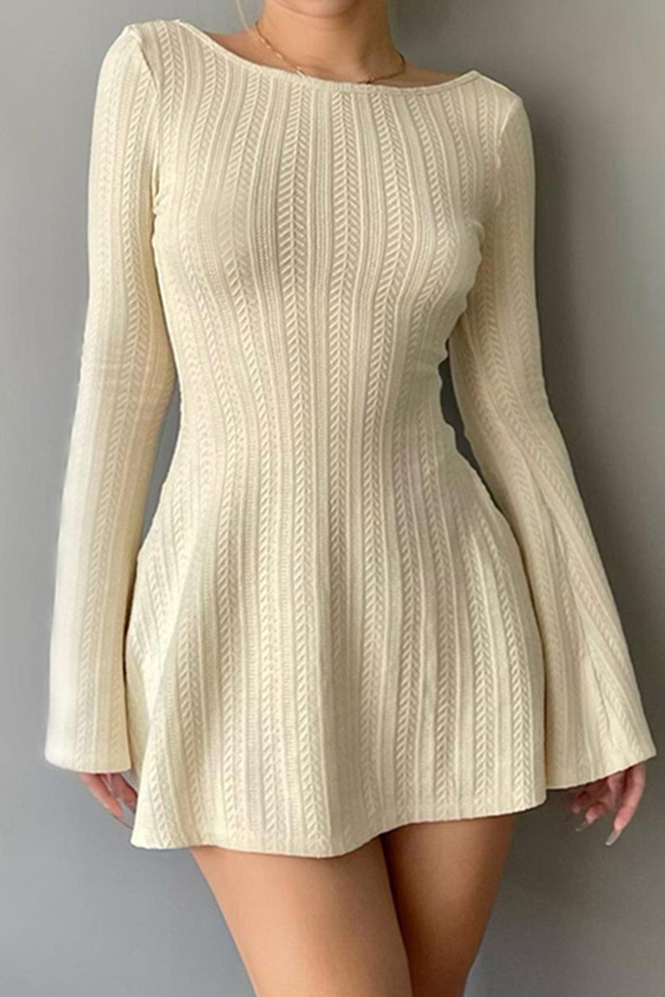 Women’s Sweater Dress - Cable Knit - Mini Length - Flared Sleeve - Fitted Silhouette