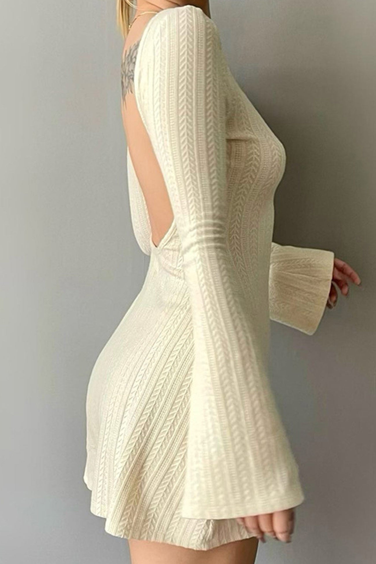 Women’s Sweater Dress - Cable Knit - Mini Length - Flared Sleeve - Fitted Silhouette