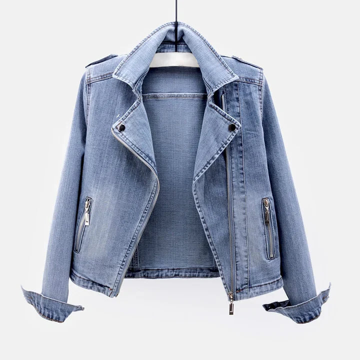 Women's Denim Jacket - Tailored Fit - Biker Style - Zipper Closure - Stylish Lapels