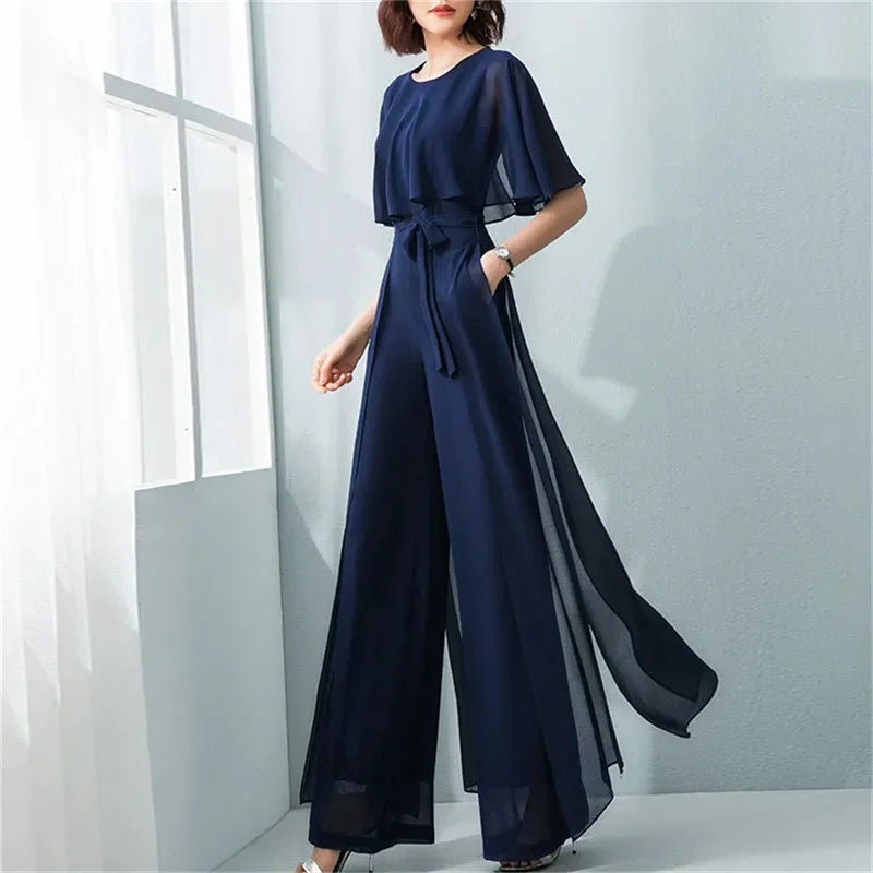 Women's Jumpsuit - Wide-Leg Flowy Fit - Elegant Overlay - Belted Waist Formal Wear