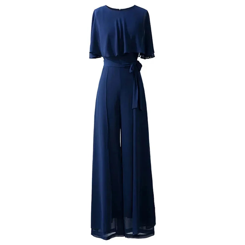 Women's Jumpsuit - Wide-Leg Flowy Fit - Elegant Overlay - Belted Waist Formal Wear