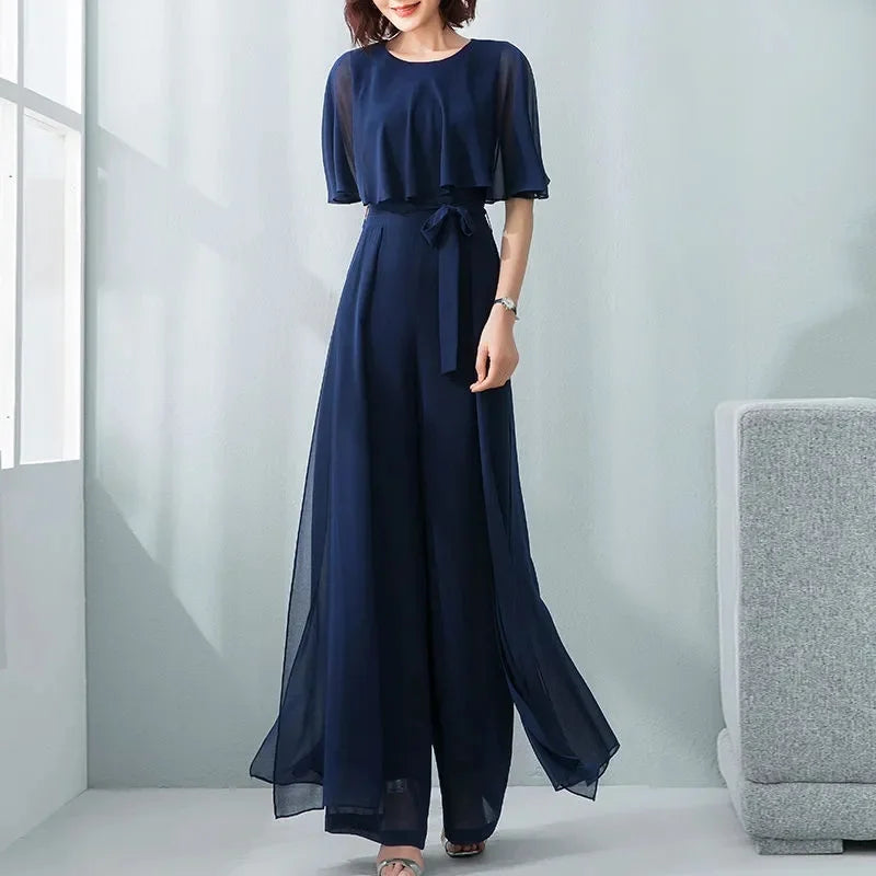 Women's Jumpsuit - Wide-Leg Flowy Fit - Elegant Overlay - Belted Waist Formal Wear