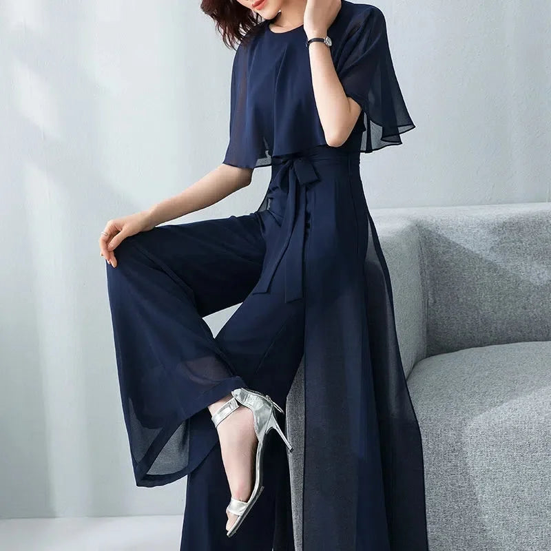 Women's Jumpsuit - Wide-Leg Flowy Fit - Elegant Overlay - Belted Waist Formal Wear