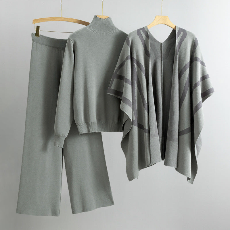 Women's knitted turtleneck sweater bat-sleeve shawl and wide leg pants set
