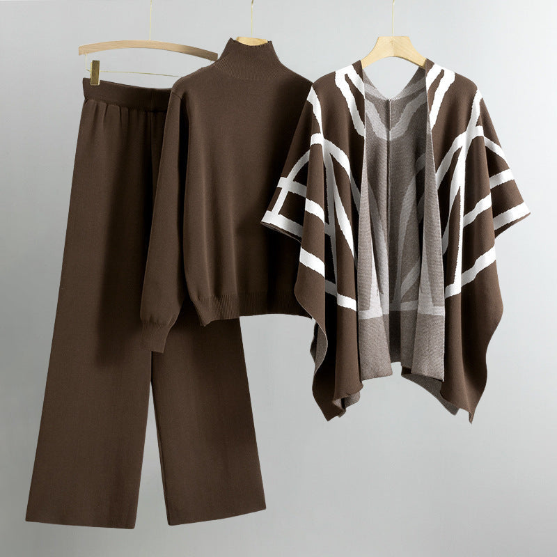 Women's knitted turtleneck sweater bat-sleeve shawl and wide leg pants set