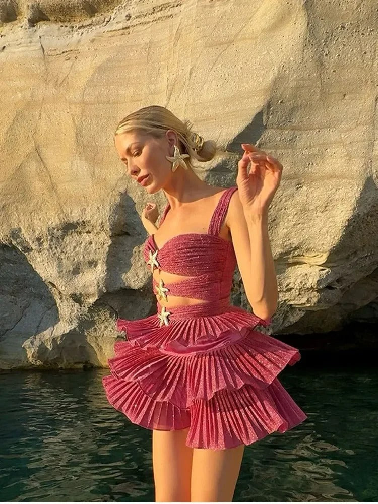 Women’s Mini Dress – Slim Fit – Glitter Fabric – Hollow-Out – Ruffled Skirt – Starfish Detail