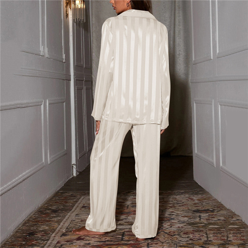 Striped long-sleeve pajama set with button-down for women