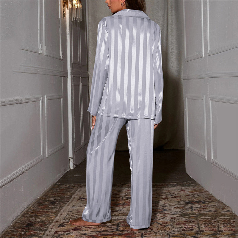 Striped long-sleeve pajama set with button-down for women