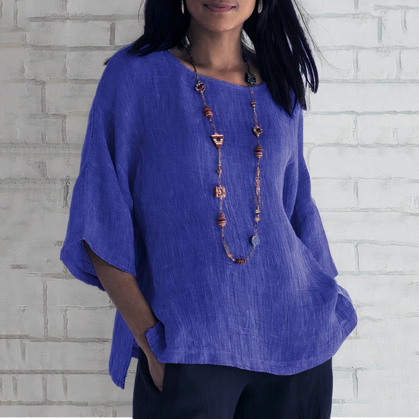 Women's Tunic Top – Lightweight Textured Fabric – Relaxed Fit – Elbow-Length Sleeves