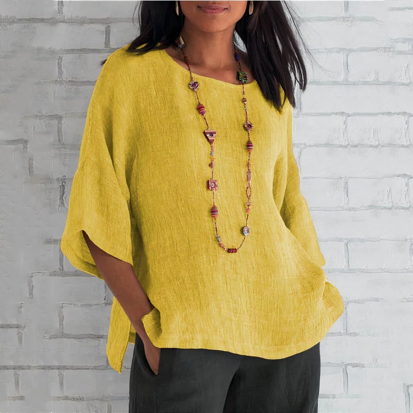 Women's Tunic Top – Lightweight Textured Fabric – Relaxed Fit – Elbow-Length Sleeves