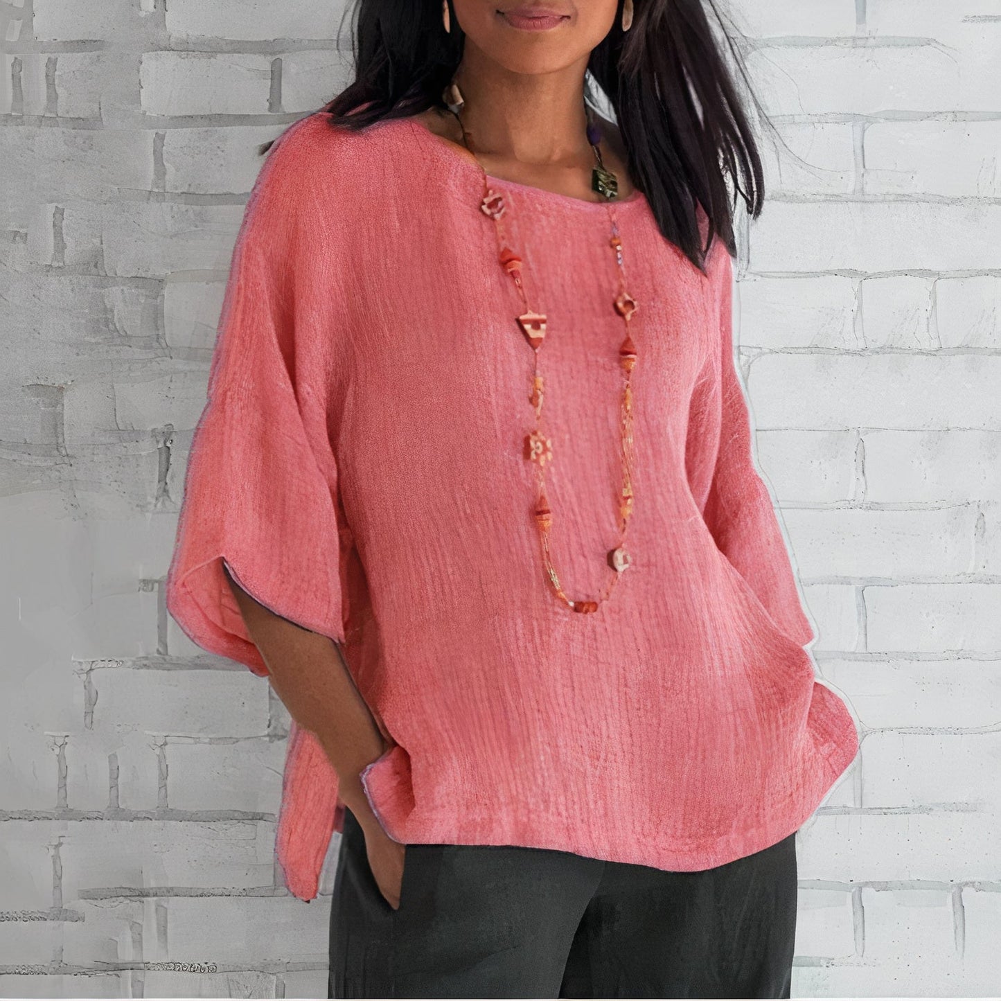 Women's Tunic Top – Lightweight Textured Fabric – Relaxed Fit – Elbow-Length Sleeves