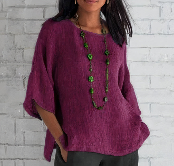 Women's Tunic Top – Lightweight Textured Fabric – Relaxed Fit – Elbow-Length Sleeves