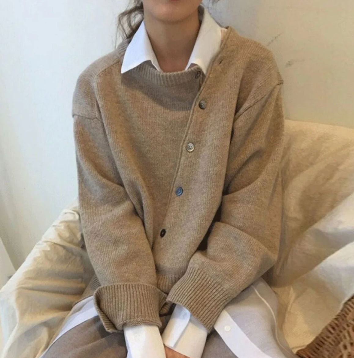 Women’s Cardigan - Wool Knit - Asymmetrical Button Front - Relaxed Fit - Long Sleeve