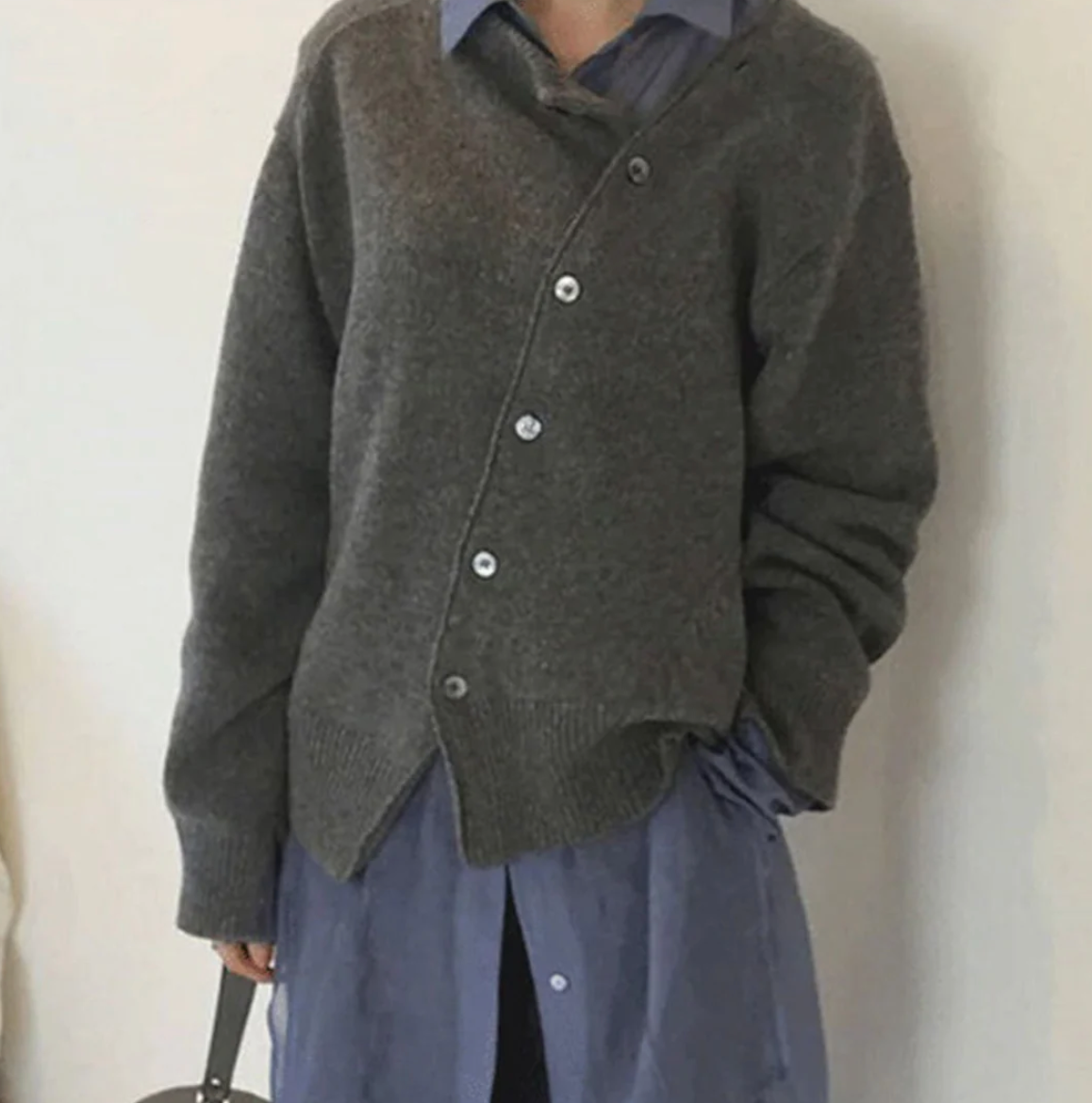 Women’s Cardigan - Wool Knit - Asymmetrical Button Front - Relaxed Fit - Long Sleeve
