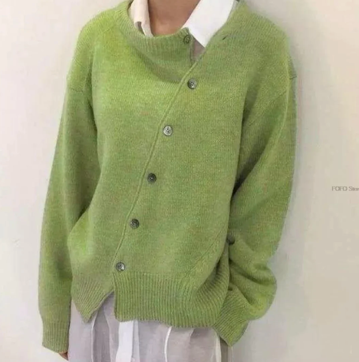 Women’s Cardigan - Wool Knit - Asymmetrical Button Front - Relaxed Fit - Long Sleeve
