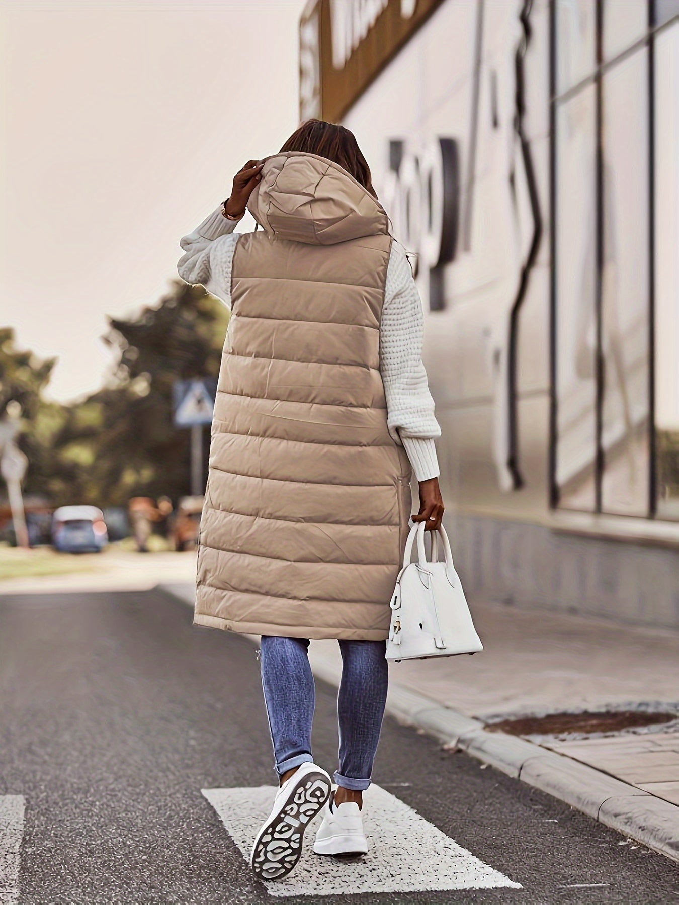 Women's solid color hooded single-breasted mid-length slim cardigan jacket