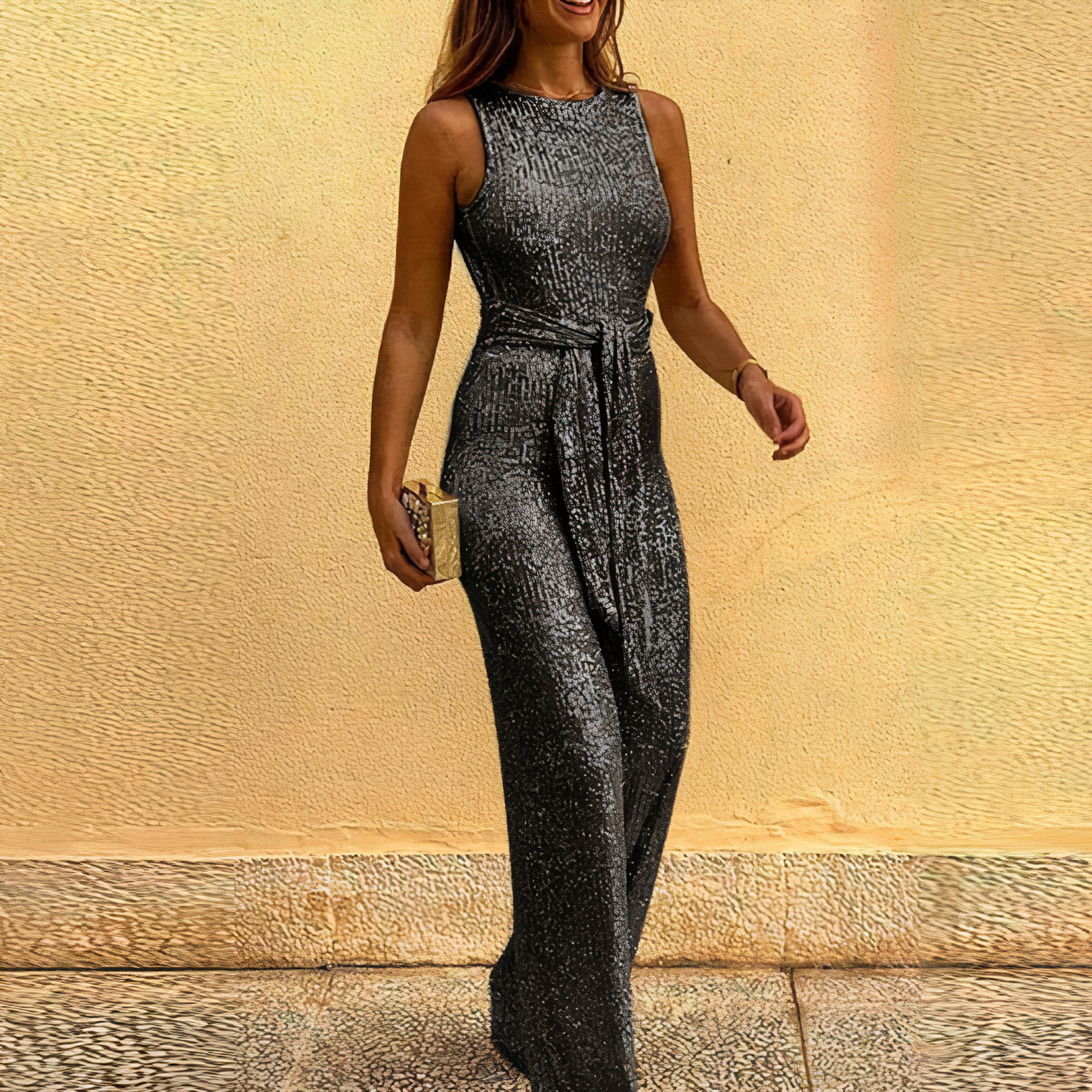 Women's Evening Gown - Sleeveless High Neck - Sequined Metallic Formal Dress