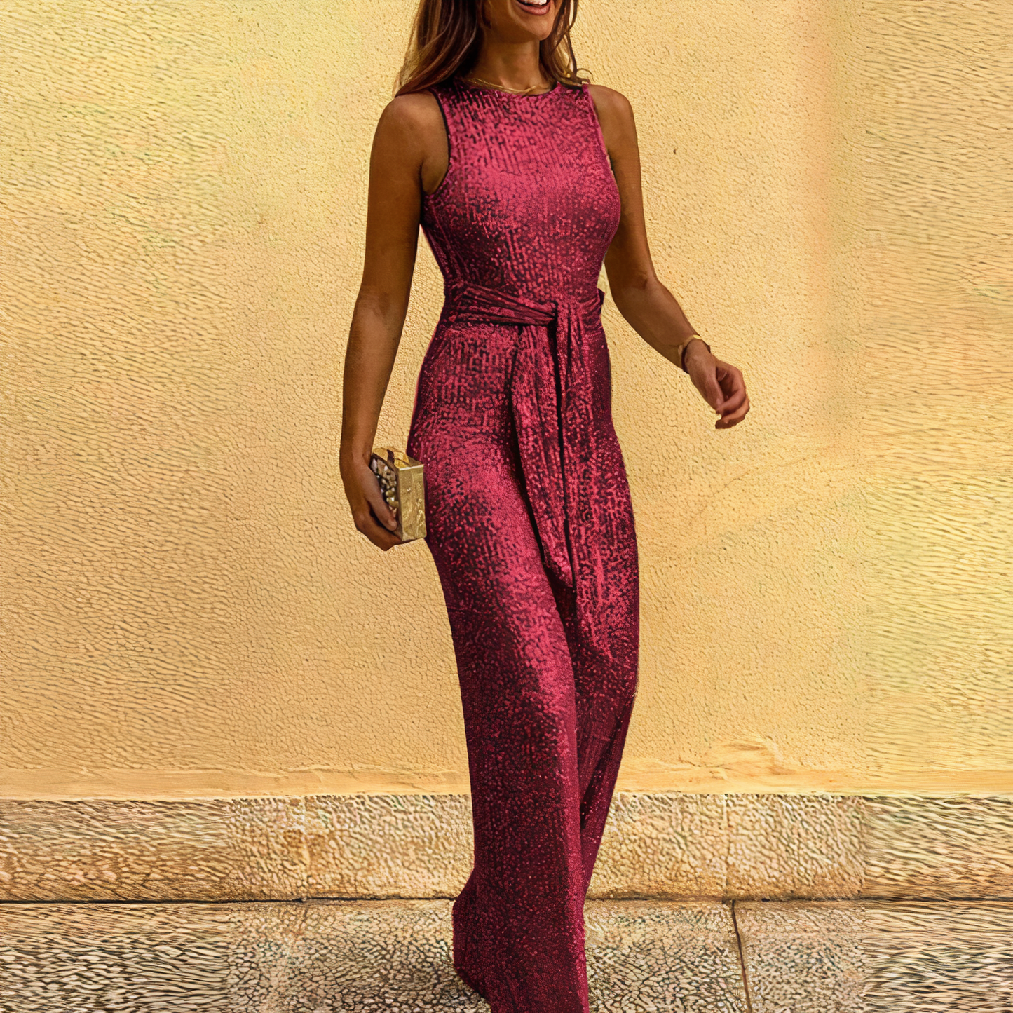 Women's Evening Gown - Sleeveless High Neck - Sequined Metallic Formal Dress