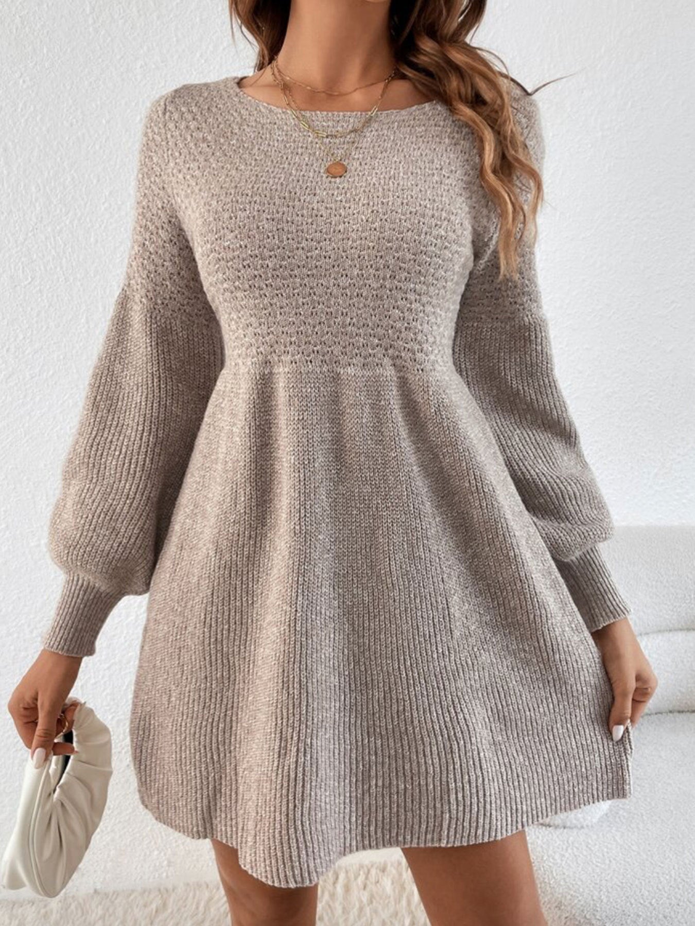 Women's Knitted Sweater Dress - Long Sleeve - Round Neck - A-Line Mini Fit