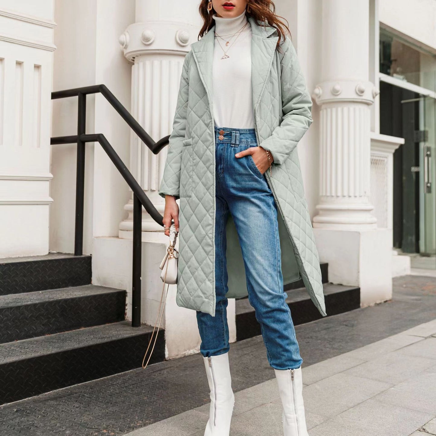 Women's diamond-shaped coat with waist tie