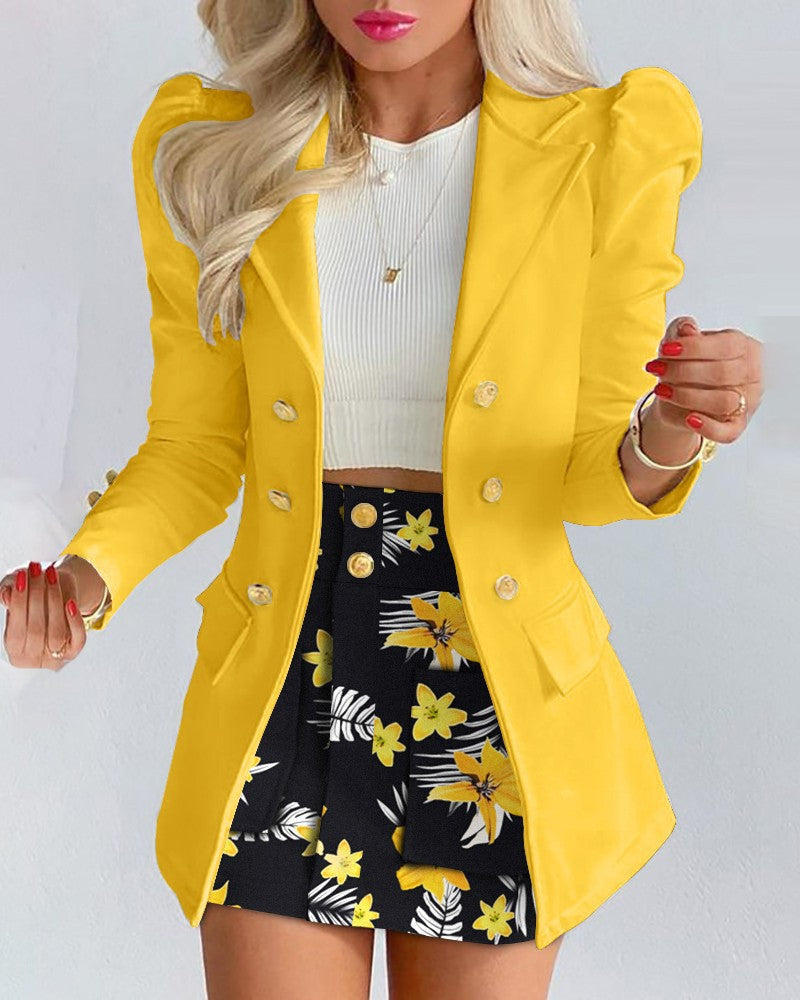 Women's puff sleeve blazer mini skirt set two-piece outfit