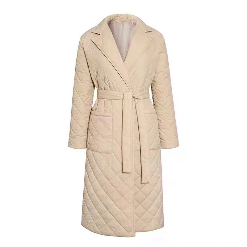 Women's diamond-shaped coat with waist tie