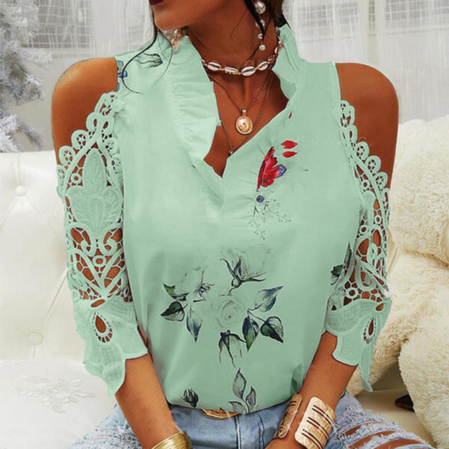Women's Blouse - Cold Shoulder Lace Sleeve - V-Neck Floral Butterfly Print - Loose Fit