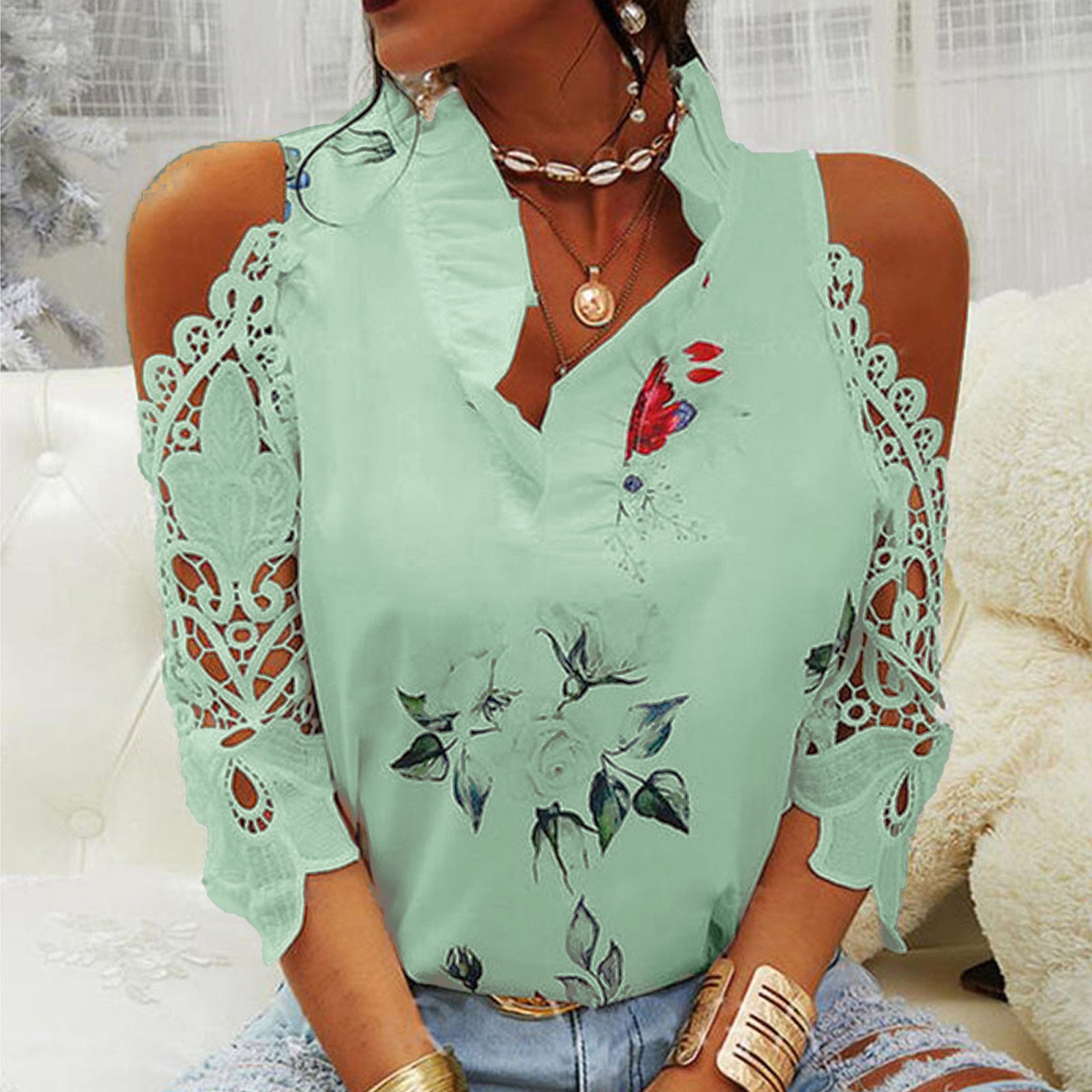Cold Shoulder Lace Sleeve Floral Blouse