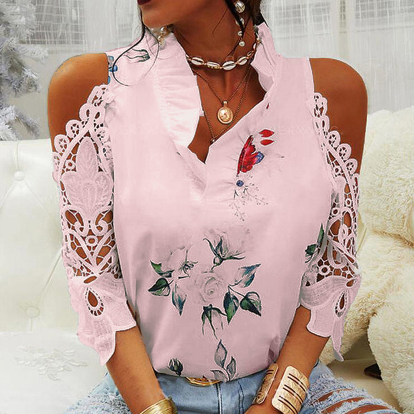 Women's Blouse - Cold Shoulder Lace Sleeve - V-Neck Floral Butterfly Print - Loose Fit