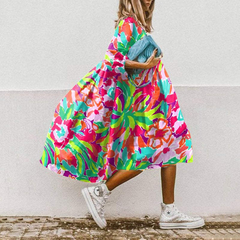 Women's Midi Dress - Oversized Floral Print - Relaxed Fit - Three-Quarter Sleeves