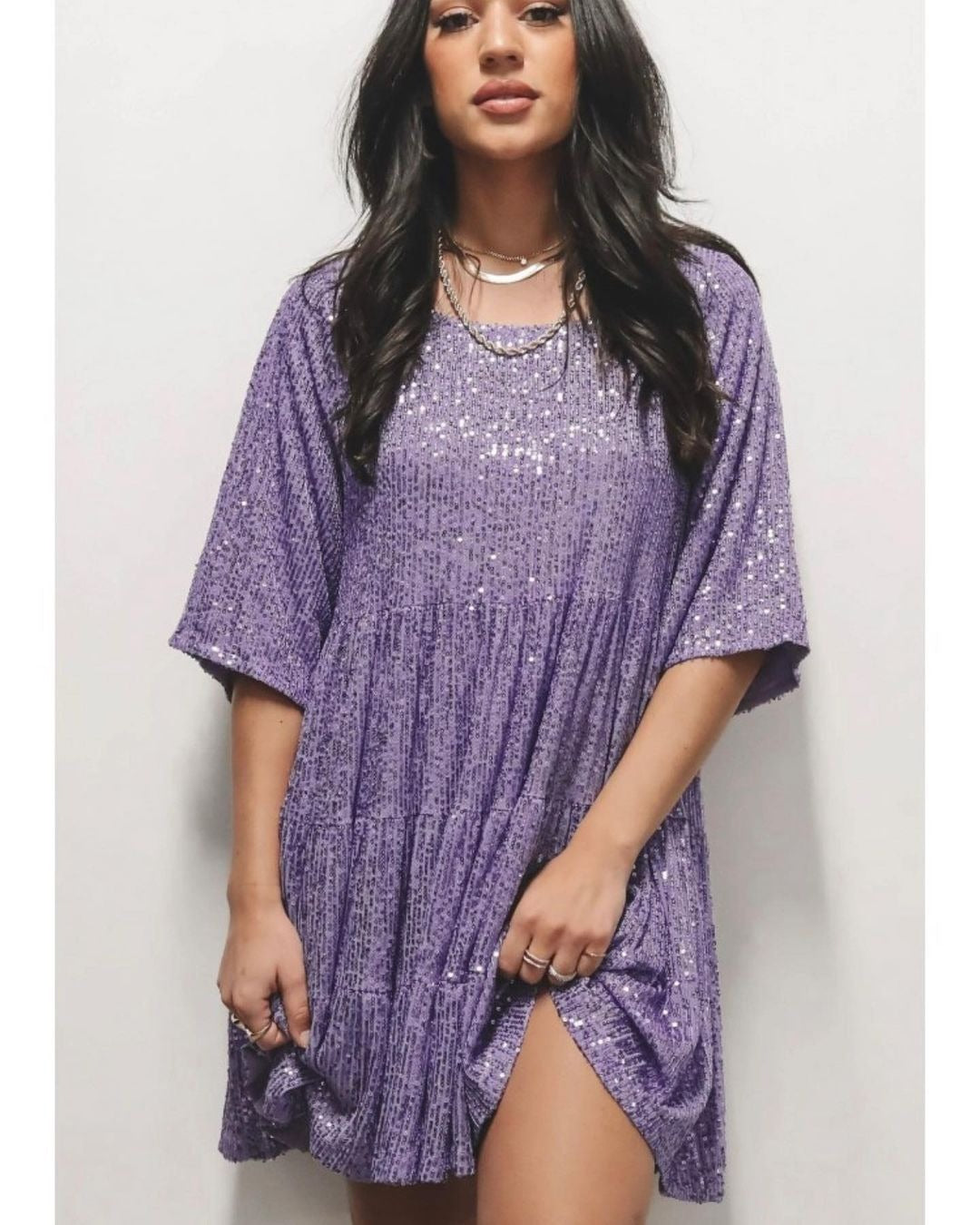 Women's Sequin Dress - A-Line Silhouette - Mid Sleeve - Round Neck - Party Wear