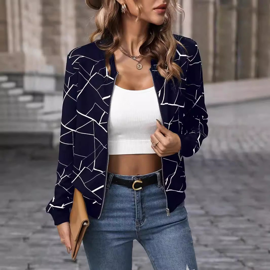 Women's bomber jacket with geo print and zip