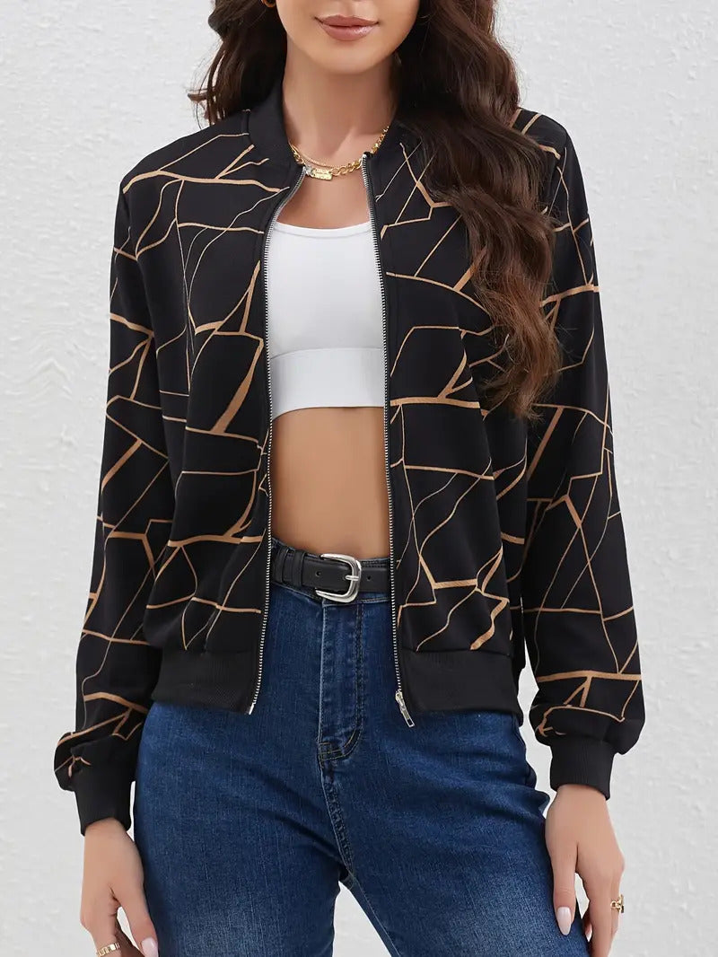 Women's bomber jacket with geo print and zip