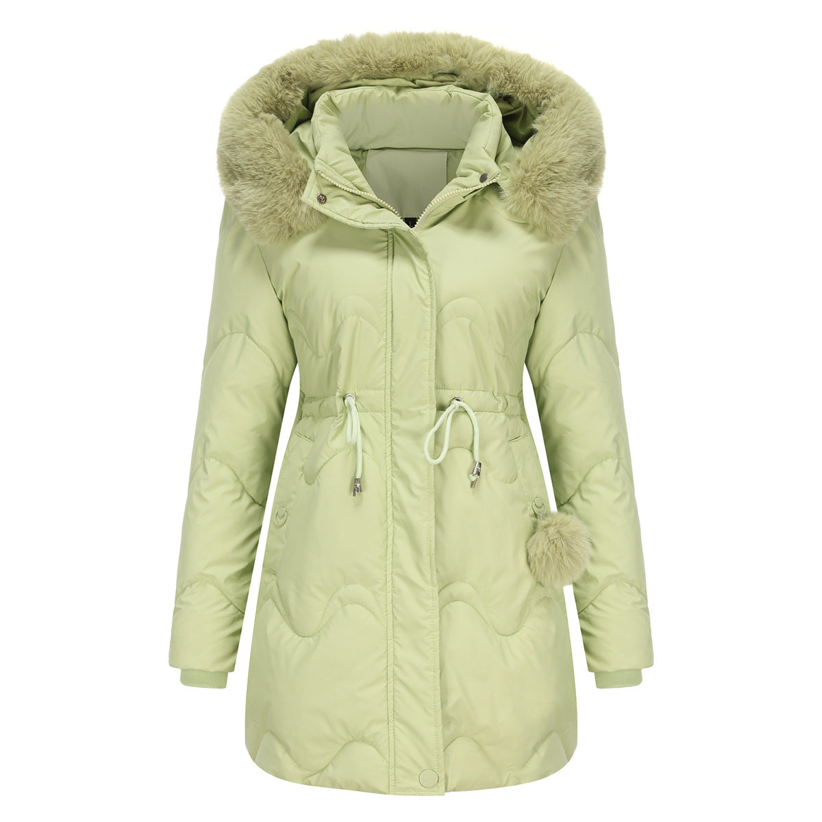 Women's winter jacket with detachable hood and zip fasteners