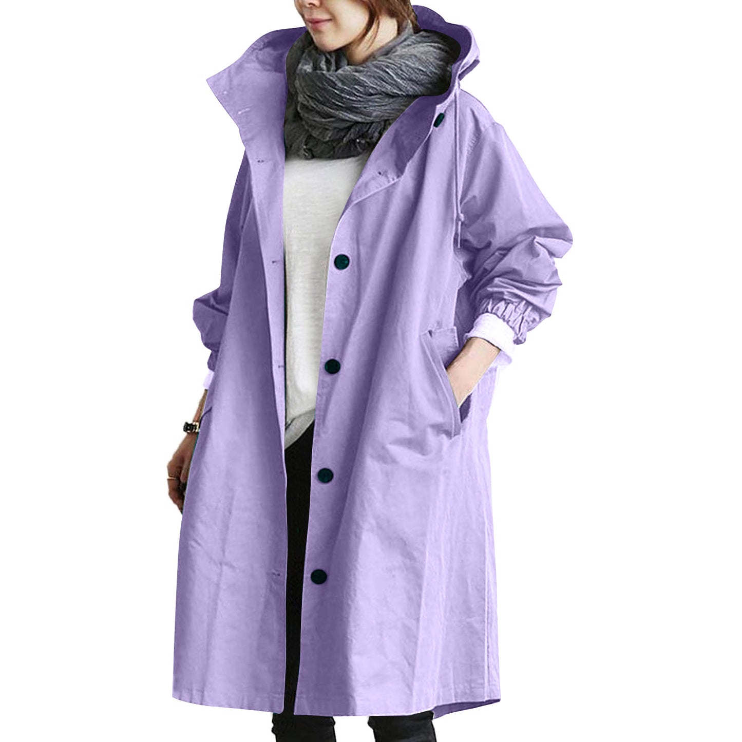 Lightweight hooded mid-length raincoat