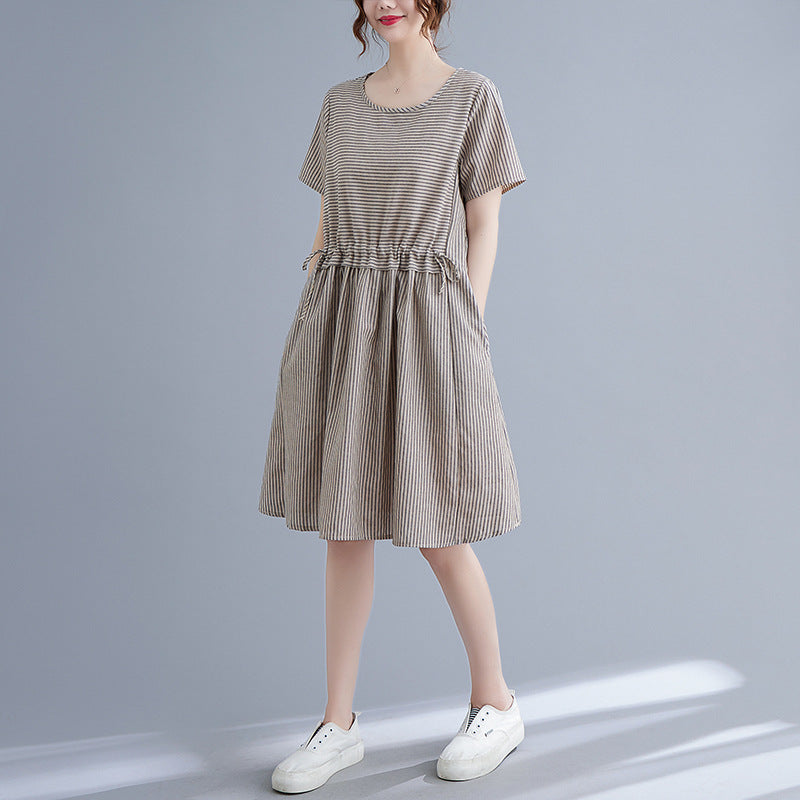 Women's Casual Dress - Striped A-Line - Short Sleeve - Round Neck - Adjustable Waist