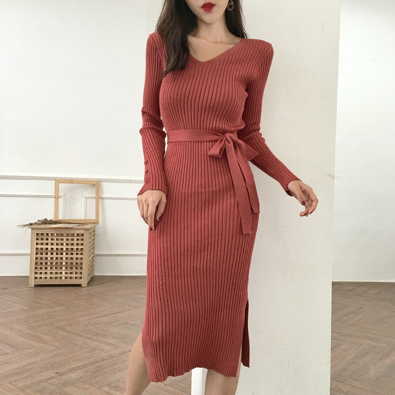 Women's Ribbed Knit Dress - V-Neck - Long Sleeve - Bodycon Fit - Midi Length