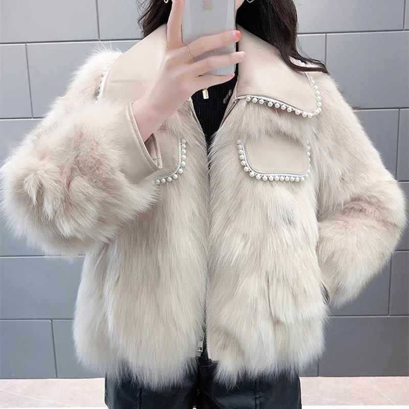 Women's faux fur pearl-embellished jacket