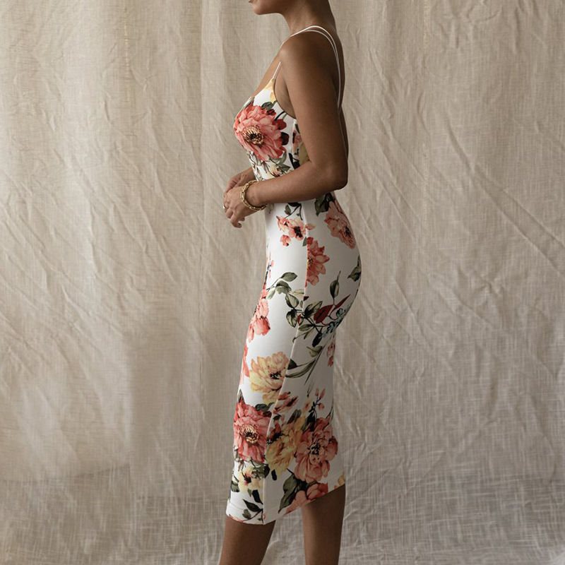 Floral Print Figure-Hugging Midi Dress