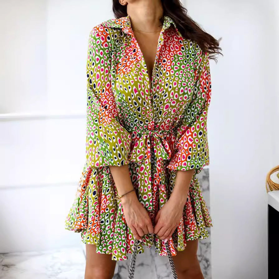 Women's V-Neck Dress - Fitted Waist with Tie - Flared Three-Quarter Sleeve - Flowing Skirt