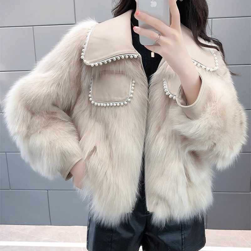 Women's faux fur pearl-embellished jacket
