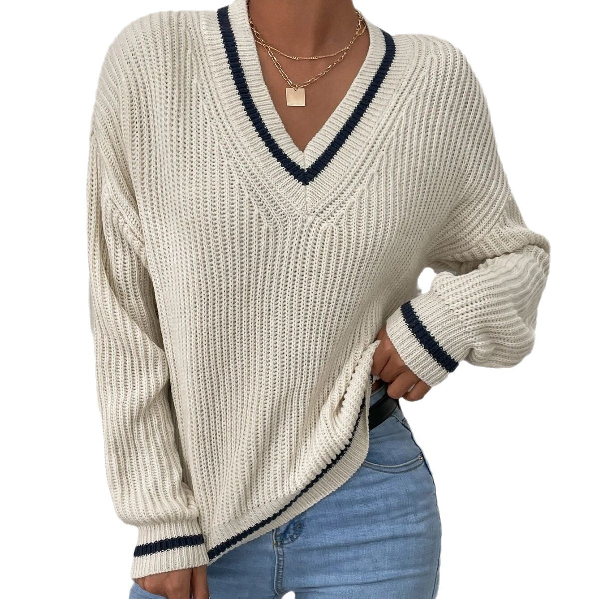 Women's casual sweater with patchwork v-neck