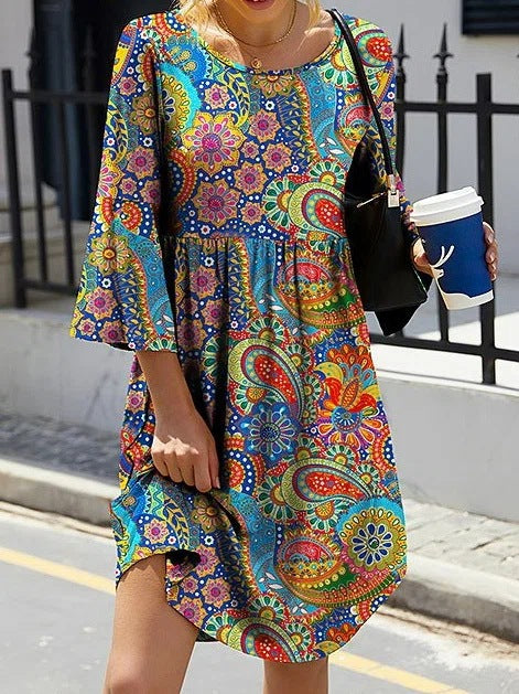 Women's Bohemian Dress - A-Line Relaxed Fit - 3/4 Flared Sleeves - Geometric Print