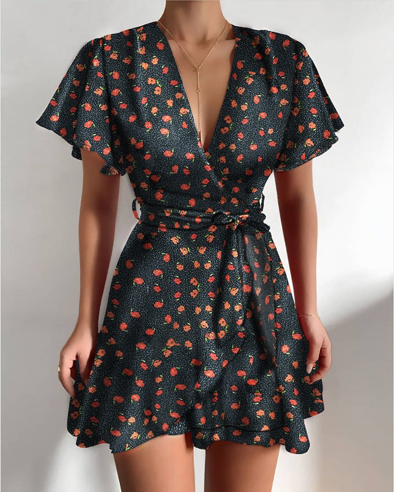 Women's Wrap Dress - V-Neck - Short Flutter Sleeves - Tie Waist - Flared Hem