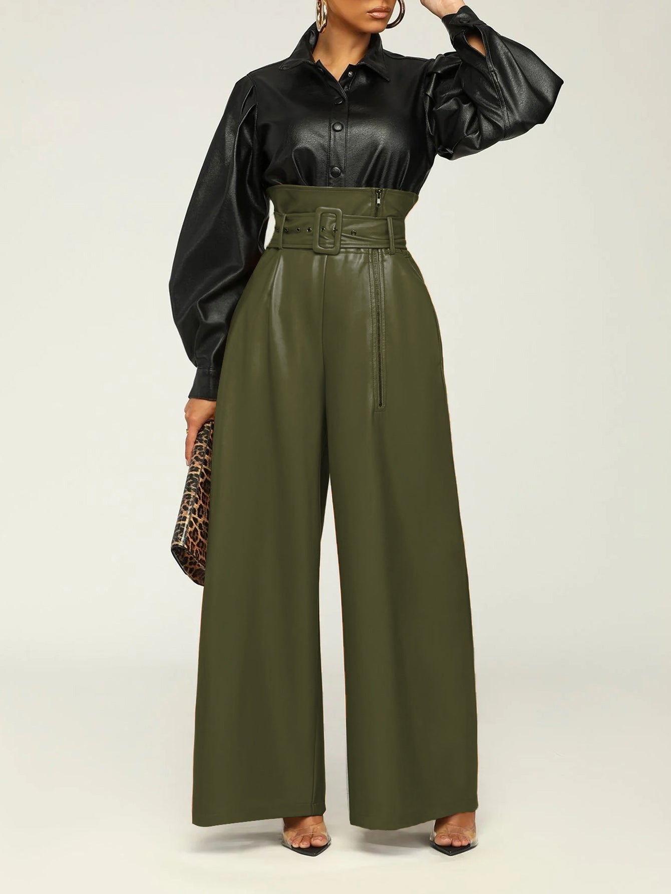 Women's high-waisted belted faux leather wide-leg pants
