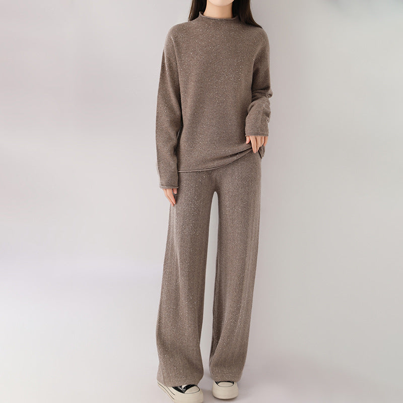 Isla Relaxed Fit Pullover Sweater And Wide-Leg Pants Two-Piece Set | Mock Neck Ribbed Cuffs Sweater