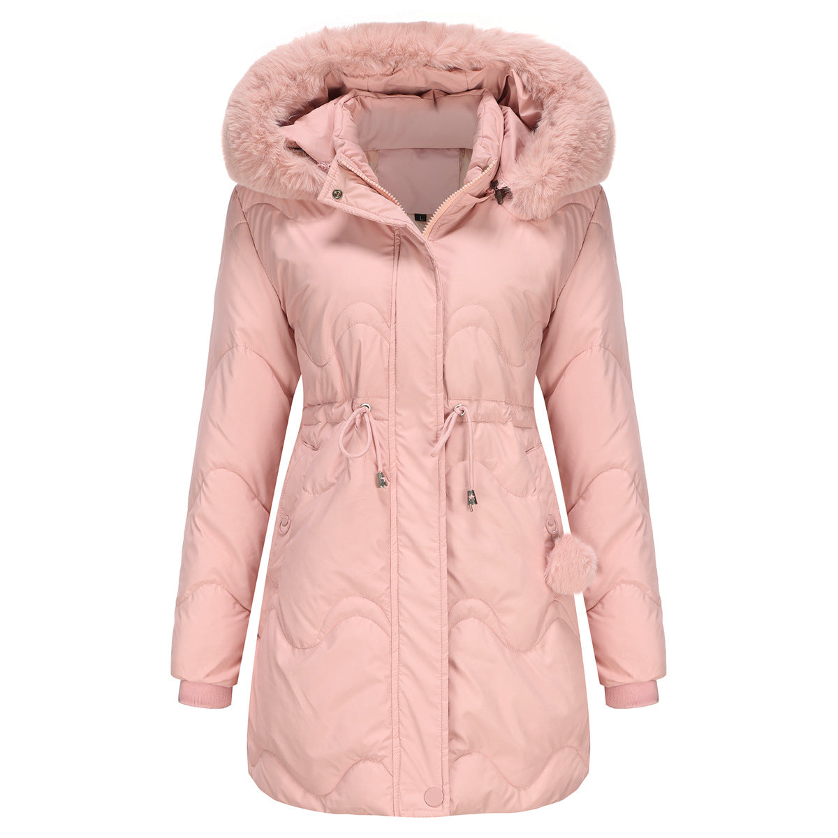 Women's winter jacket with detachable hood and zip fasteners