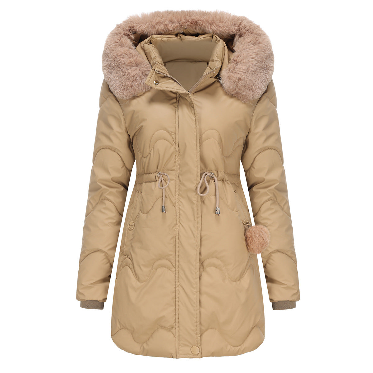 Women's winter jacket with detachable hood and zip fasteners