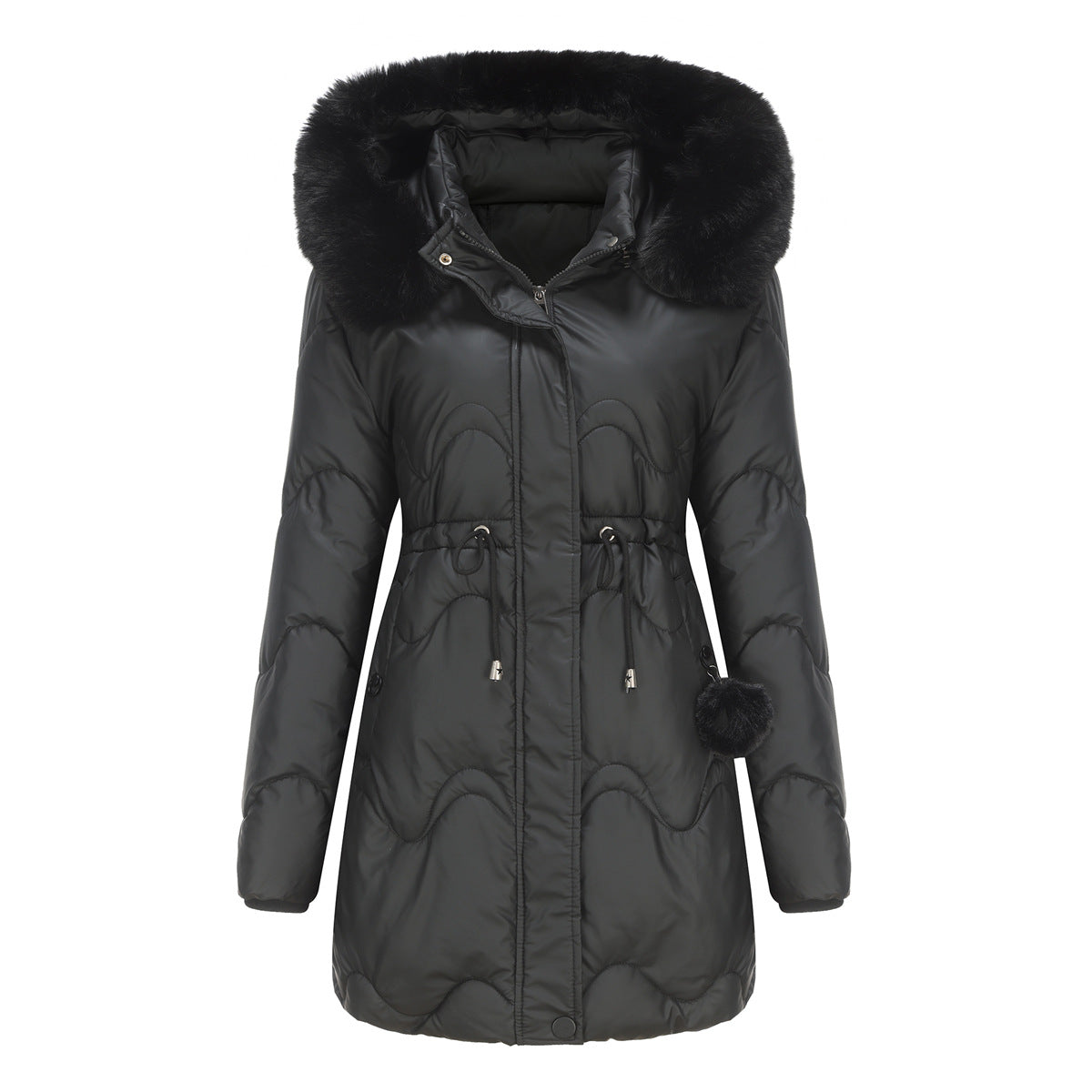 Women's winter jacket with detachable hood and zip fasteners